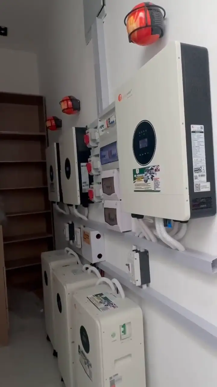 A walkthrough of the finished inverter wall, showing the three inverters, breakers and batteries.